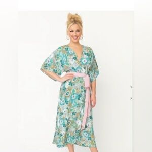 Unique Vintage Floral Maxi Dress in Teal and Pink - XL